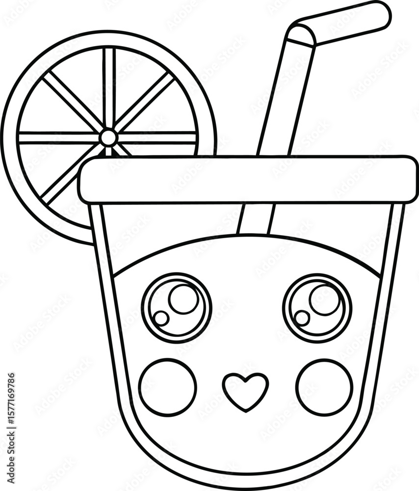 Fototapeta premium Simple outline of cup with straw and slice of lemon Vector illustration