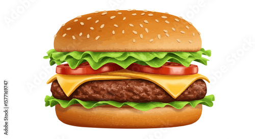 Delicious juicy burger with fresh ingredients on a white background illustration
