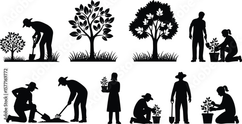 Silhouettes of people planting trees and gardening – nature care, ecology preservation, reforestation, tree growth and environmental conservation concept.