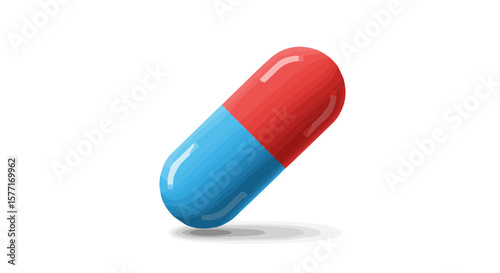 Detailed digital illustration of a red and blue capsule pill on a white backdrop