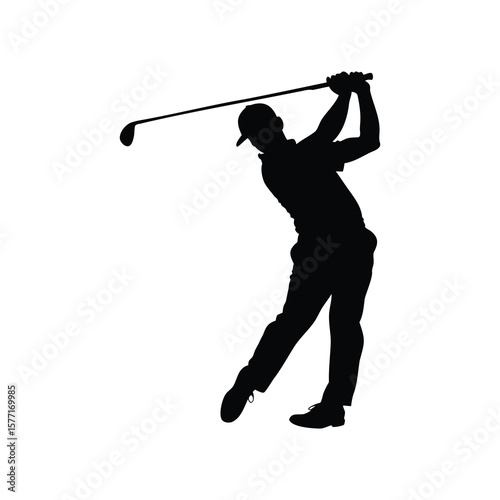 Silhouette of a golfer completing his swing against a white background