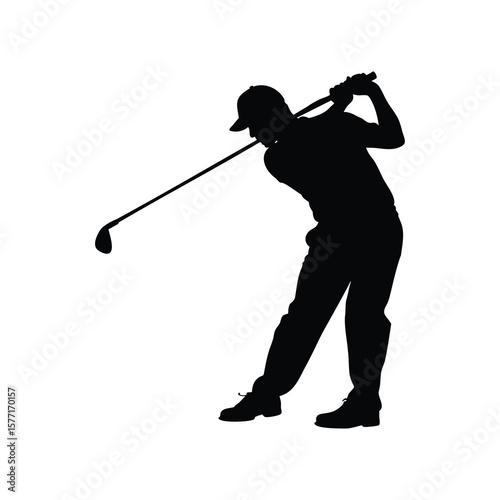 Silhouette of a focused golfer completing a powerful swing with precision