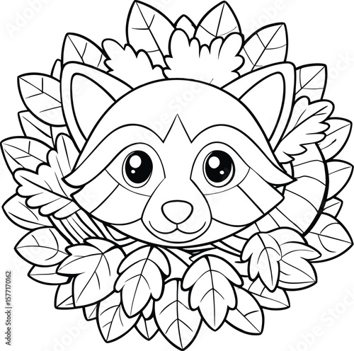 Outline of raccoon peeking shyly from behind a bush Vector illustration