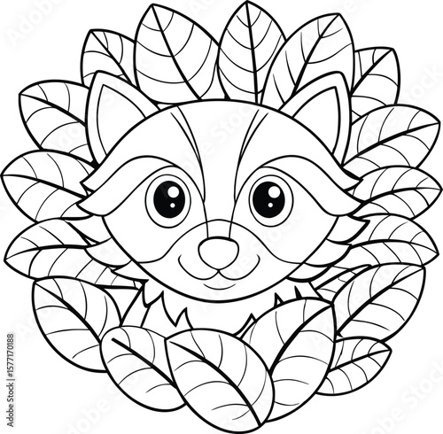 Outlined raccoon hiding behind a leafy bush quietly Vector illustration