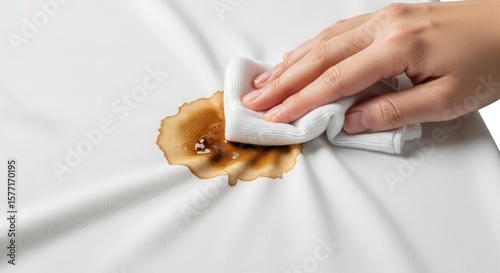 Person's Hand Cleaning Coffee Spill on White Fabric with Cloth in Close Up