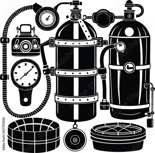 Vintage steampunk diving equipment and gauges in black and white silhouette