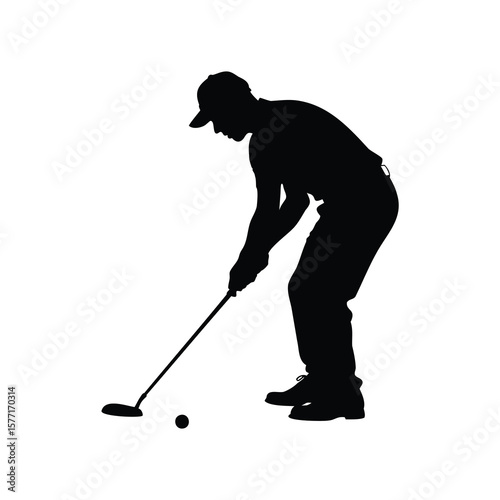 Silhouette of a golfer in action concentrating as he putts the ball