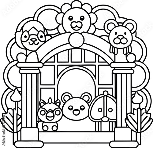 Outlined zoo gate with cartoon animals smiling at entrance Vector illustration
