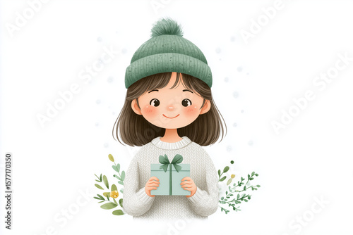 A girl is holding a green box