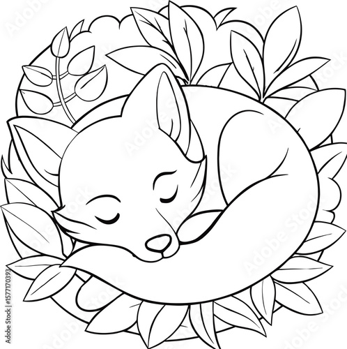 Sleeping fox curled up peacefully in forest clearing Vector illustration