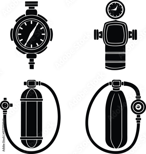 Collection of black silhouette scuba diving equipment including pressure gauges and air tanks