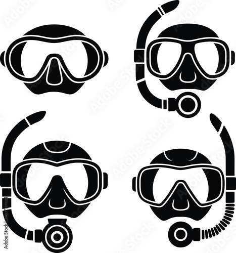 Collection of four black and white diving masks and snorkels icons