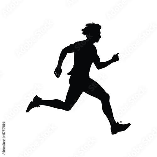 Silhouette of a man in full stride during a running event, dynamic pose