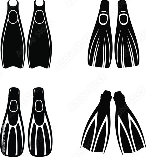 Collection of four black and white vector illustrations of scuba diving fins