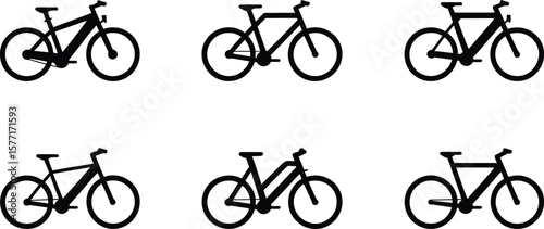 Collection of six black silhouette bicycles on a white background
