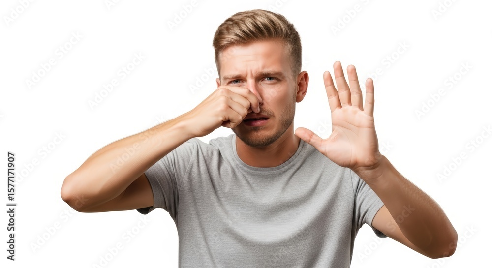 Young Man Wearing Gray T-shirt Showing Nose and Holding Hand Up in Defensive Gesture Young Man Wearing Gray T-shirt Showing Nose and Holding Hand Up in Defensive Gesture