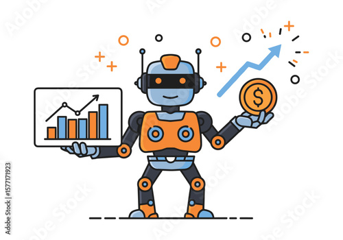 Friendly robot holds a financial growth chart and a gold coin, symbolizing successful AI-driven investment and financial technology.