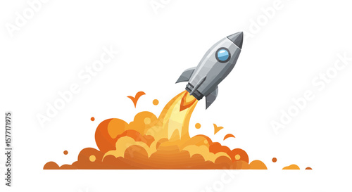 Illustration of rocket launching with smoke trails ideal for startup concept