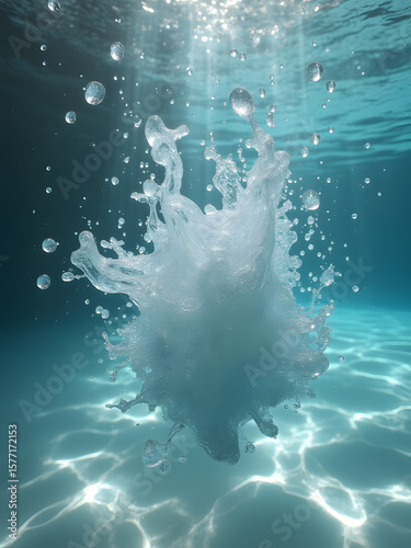 Underwater Burst: A captivating underwater scene with an explosive splash and intricate water droplets creating a dynamic and ephemeral artwork, beautifully lit by shimmering sunlight