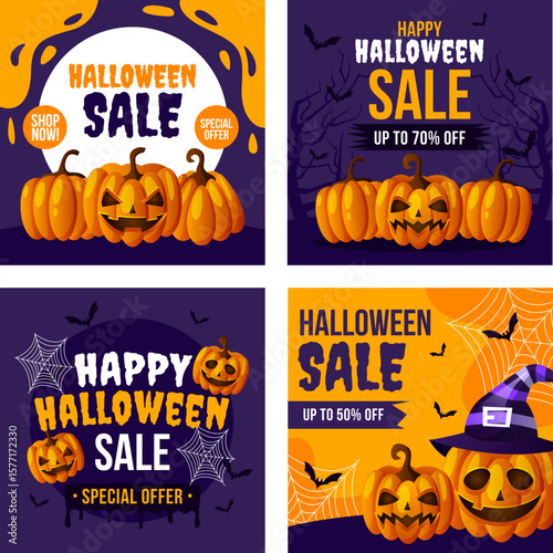 Four vibrant Halloween sale graphics featuring grinning pumpkins and spooky elements.
