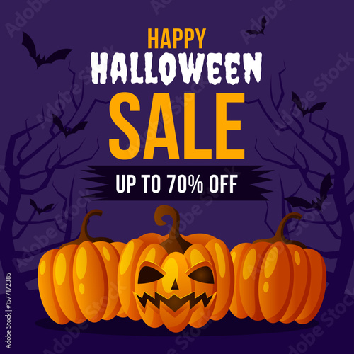 Halloween sale advertisement featuring jack-o'-lanterns and bats against a spooky nighttime backdrop.