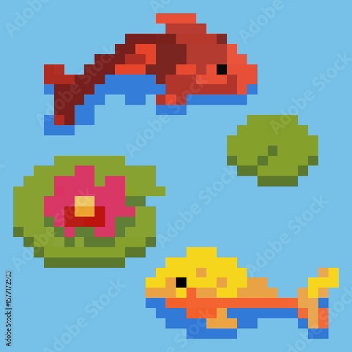 Pixel art koi fish carp icon. Vector 8 bit style illustration of japanese koi carp in pond. Japanese pair of carps decorative oriental elements of retro video game computer graphic.