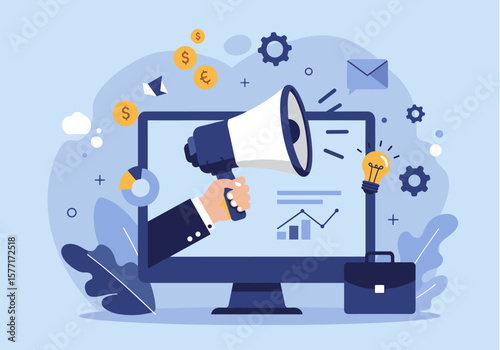 A businessman's hand emerges from a computer screen holding a megaphone, announcing a new marketing campaign with various business-related icons surrounding it, symbolizing a successful digital