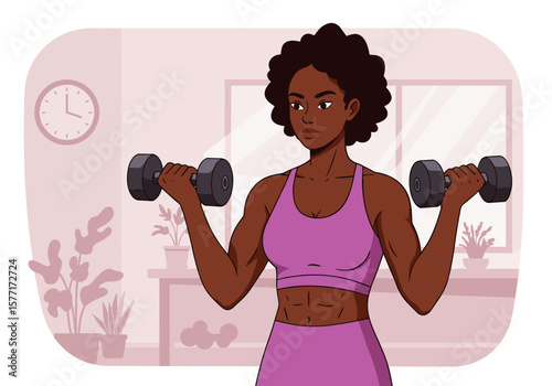 A strong, athletic Black woman in sportswear lifts dumbbells in a home setting, showcasing fitness, health, and an active lifestyle through a vector illustration.
