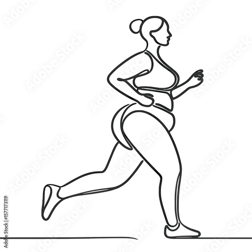 Line art illustration of plus size woman running in sportswear, black and white body positivity and fitness concept with copy space