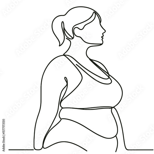 Line art illustration of confident curvy woman in sportswear, black and white body positivity and fitness concept with copy space