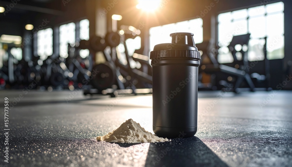 Fototapeta premium A black protein shaker bottle and a pile of whey protein powder on a gym floor, perfect for fitness, nutrition, and workout supplement advertising