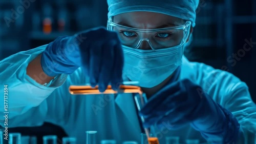 AI generated image of a female scientist intensely analyzing glowing test tubes in a high-tech lab highlighting innovation precision and the pursuit of scientific breakthroughs