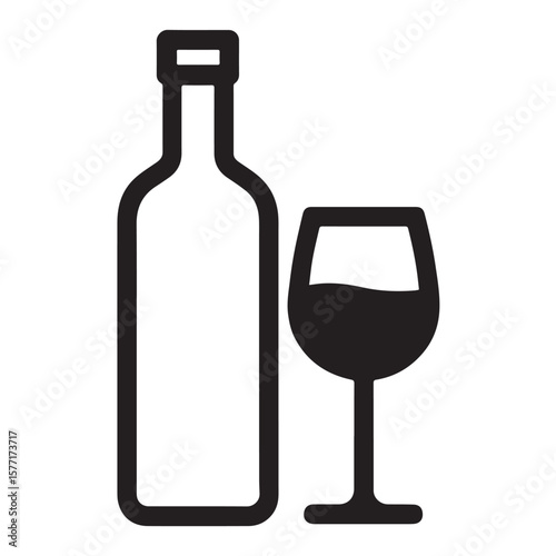 Isolated black bottle outline stands beside a filled wineglass on white transparent background