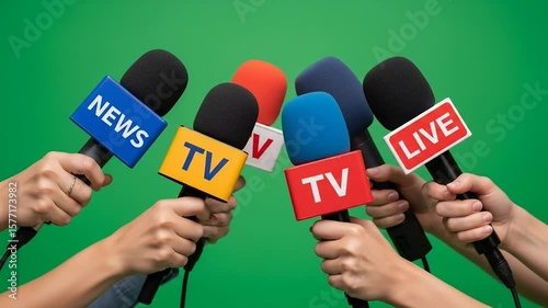 Multiple hands hold microphones labeled 