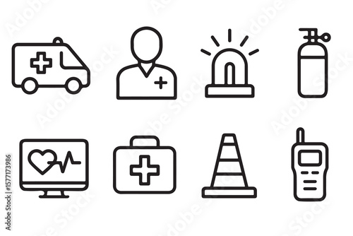 Black outline icons present emergency service symbols against a white transparent backdrop
