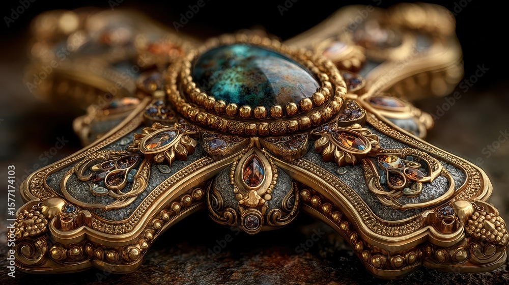 Obraz premium Exquisite ornate cross featuring intricate gold detailing and a stunning turquoise centerpiece on a textured background