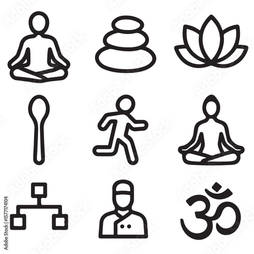 Black outline art depicts yoga, stones, flower, spoon, running figure, chart, chef, and symbol