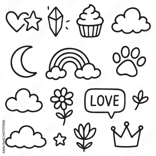 Handdrawn doodle featuring adorable shapes and objects showcases a whimsical and charming style on transparent background