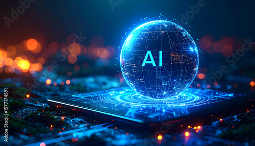 AI Digital Globe Sphere on Circuit Board Big Data Technology Concept