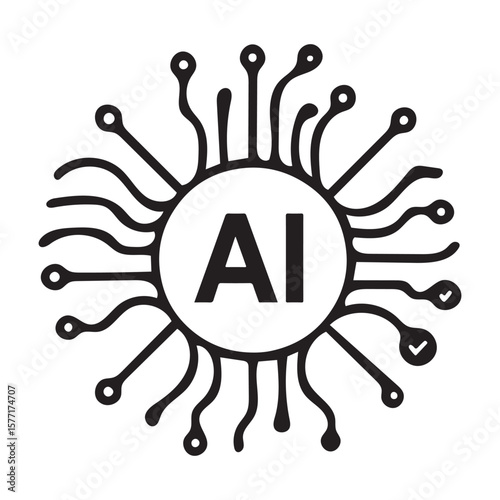 Symbolic representation of an artificial intelligence with circuit pathways displays the letters AI on white background