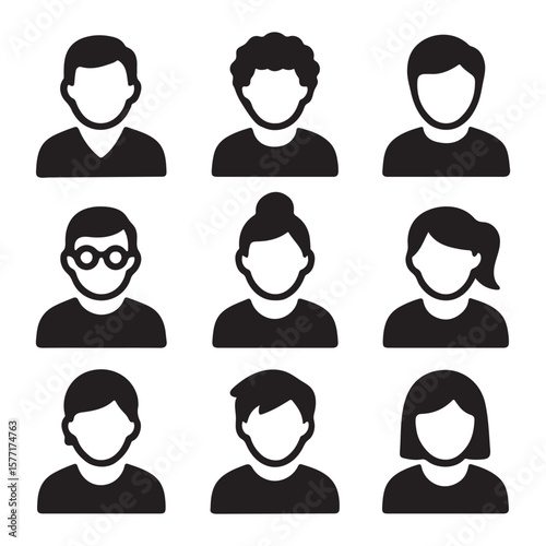 Nine different faceless person icons represent various hair styles in the set on white