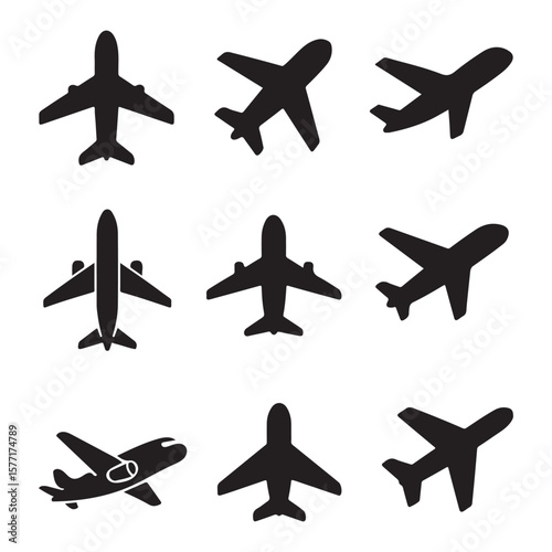 Various airplane silhouettes display different aircraft types against a clean white background, offering versatility