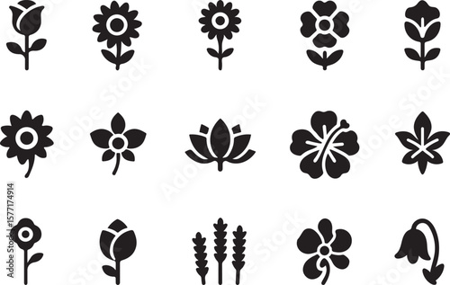 Fifteen botanical icons display various flowers, plants, and crops arranged neatly against a white background