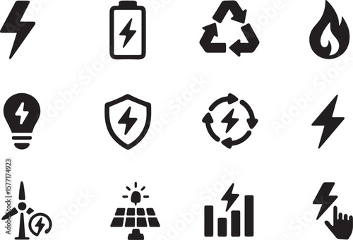 Various black clean energy icons showcase sustainability and modern technology for a greener planet