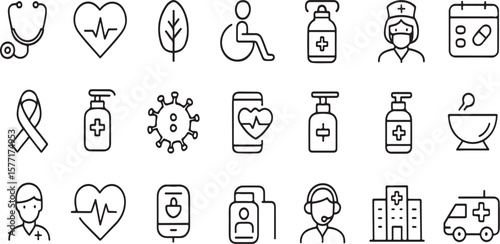 Medical line icon set depicts hospital equipment, healthcare professionals, and medical symbols over a transparent background