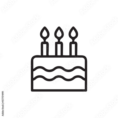 Minimalist cake icon shows lit candles and wavy icing on transparent background