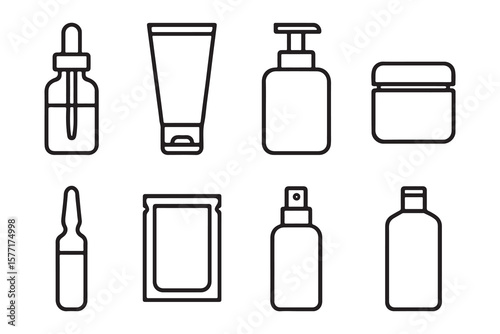 Eight outlined bottles and jars represent beauty products on a stark white transparent background