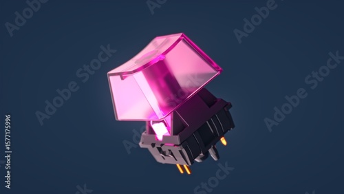 A vibrant pink mechanical keyboard switch proudly stands out against a dark background, showcasing its sleek and modern design, which appeals to both tech enthusiasts and avid gamers alike