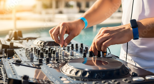 A djs hands skillfully mixing music on a professional console at an outdoor event