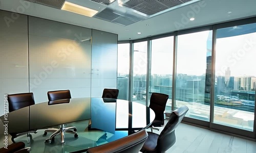 Smooth pan across a modern law office interior with glass walls, minimalist furniture, and neutral tones, natural daylight